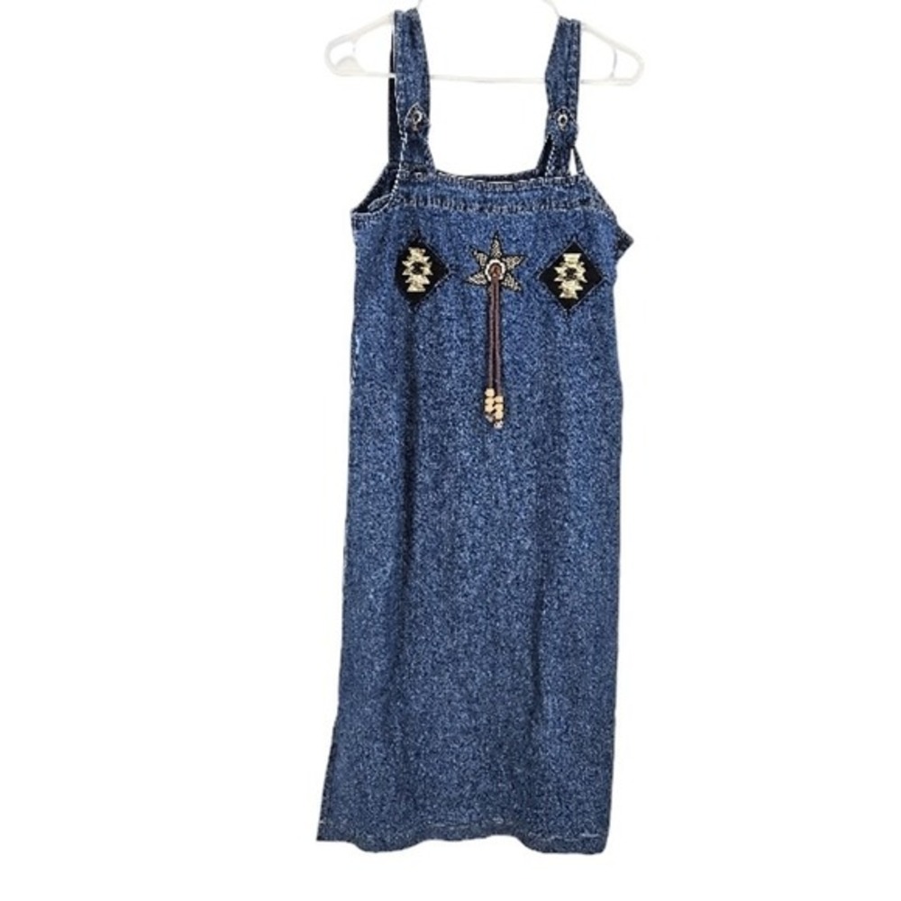 Vintage y2k 220 Hickory Denim Dress Blue Southwestern Indian Embroidered Midi PS
